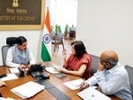 Union Education Minister Pralhad Joshi chairs a meeting with the Secretary, Department of Higher Education, DG NTA, and other senior officials, in New Delhi