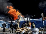 Firefighters work at a site of a Russian drone strike, amid Russia's attack on Ukraine, in Kyiv, Ukraine August 29, 2026.(REUTERS)