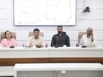 District collector Jitendra Dudi, PMC commissioner Naval Kishore Ram, additional PMC commissioners Pavneet Kaur, and Omprakash Divate during a press conference on Friday. (HT PHOTO)