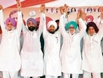 Former Punjab CM Charanjit Singh Channi (C), former deputy CM Sukhjinder Singh Randhawa (2-L), MLA Rana Gurjit Singh (C), Tripat Rajinder Singh Bajwa (2-R) and other leaders during rally at Baba Bakala on the occasion of the annual Rakhar Punia festival near, in Amritsar, on Friday, August 28, 2026. (HT Photo)