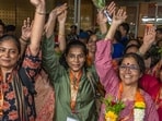 Relatives welcome 37 pilgrims from Raigad and Mumbai who were stranded in Nepal as they arrive safely at Mumbai airport today after returning from Kathmandu in mumbai, India, on Saturday, August 29, 2026.