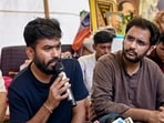 Cockroach Janta Party (CJP) founder Abhijeet Dipke addresses a press conference as party spokepersons Saurav Das and Ashutosh Ranka look on.