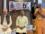 RSS chief Mohan Bhagwat, second left, attends a program during his visit to the ISKCON Temple on its 60th anniversary, in New York.
