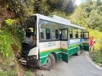 The HRTC bus that crashed into a hillside on the Vyasar-Bhekhli road in Kullu on Friday. (PTI)