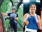 Shooter Kynan Chenai (L), boxer Jaismine Lamboriya (Centre) and wrestler Ravi Kumar Dahiya (right).
