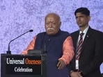 RSS leader Mohan Bhagwat addressing the ‘Universal Oneness Celebrations’ at Madison Square Garden in New York City.
