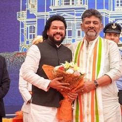 Karnataka chief minister DK Shivakumar and minister B Nagendra at Lok Bhavan, in Bengaluru.