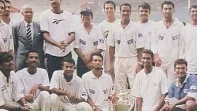 Vijay Bharadwaj with the Ranji Trophy. (X Images) Vijay Bharadwaj with the Ranji Trophy. (X Images)