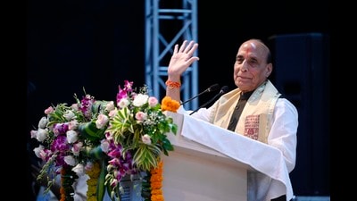 Defence Minister Rajnath Singh along with Deputy CM Brajesh Pathak and others attended the 11th Convocation ceremony of Dr. Bhimrao Ambedkar University in Lucknow, on Saturday (Deepak Gupta/HT)