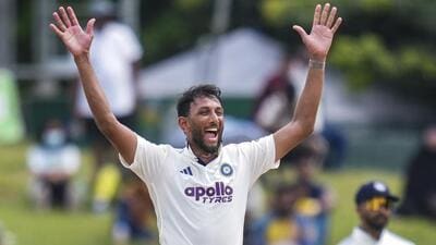 India fast bowler Prasidh Krishna during the second Test against Sri Lanka in Colombo on August 27. He took seven wickets in the two-match series played on slow pitches. (PTI)