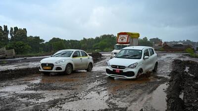 Mumbai, India, July 24, 2024: The condition of the Mumbai-Goa Highway, also known as NH66, is poor, with numerous potholes on the old road at Nagothane entry point. July 24, 2024. (Photo by Raju Shinde/HT Photo) (Raju Shinde)