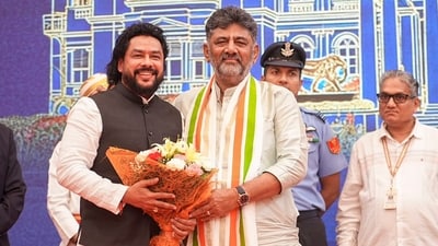 Karnataka chief minister DK Shivakumar and minister B Nagendra at Lok Bhavan, in Bengaluru. (PTI) Karnataka chief minister DK Shivakumar and minister B Nagendra at Lok Bhavan, in Bengaluru. (PTI)