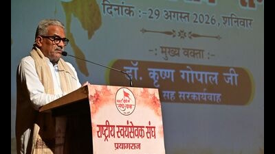 RSS joint general secretary (Sah-Sarkaryawah) Krishna Gopal at the event in Prayagraj on Saturday. (HT Photo)