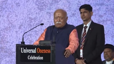 RSS leader Mohan Bhagwat addressing the ‘Universal Oneness Celebrations’ at Madison Square Garden in New York City. (Screengrab/ Indraprasth Vishwa Samvad Kendra) RSS leader Mohan Bhagwat addressing the ‘Universal Oneness Celebrations’ at Madison Square Garden in New York City. (Screengrab/ Indraprasth Vishwa Samvad Kendra)