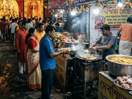 মণ্ডপের ভিতরে আমিষ খাবার খাওয়া যাবে না, স্পষ্ট করল বিশ্ব হিন্দু পরিষদ। (ছবিটি প্রতীকী, সৌজন্যে ন্যানো ব্যানানা দিয়ে তৈরি)