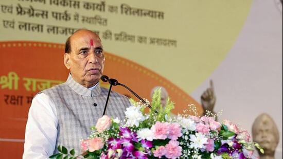 Defence minister Rajnath Singh addressing a public gathering at the inauguration of Fragrance Park in Old Lucknow on Saturday. (ANI PHOTO)