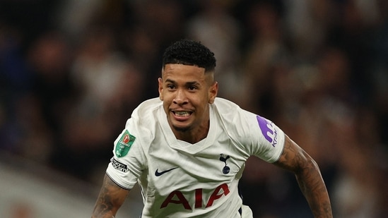 Tottenham Hotspur's Brazilian midfielder #17 Savio celebrates scoring the team's fourth goal during the English League Cup second round football match between Tottenham Hotspur and Charlton Athletic at the Tottenham Hotspur Stadium in London.
