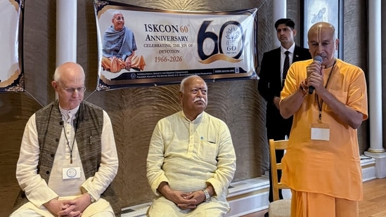 RSS chief Mohan Bhagwat, second left, attends a program during his visit to the ISKCON Temple on its 60th anniversary, in New York.