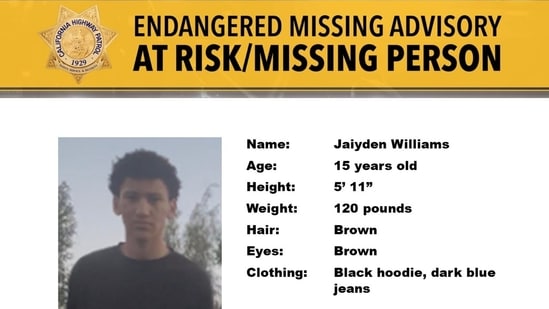 Fiften-year-old Jaiyden Williams has gone missing and the California Highway Patrol sounded an alert. (X/@CHPAlerts)