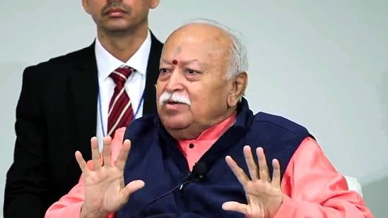 RSS Chief Mohan Bhagwat addresses the 'One World One Humanity' event, in New York on Saturday.