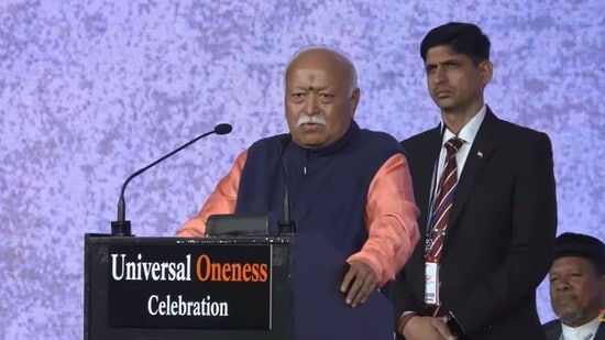 RSS leader Mohan Bhagwat addressing the ‘Universal Oneness Celebrations’ at Madison Square Garden in New York City. (Screengrab/ Indraprasth Vishwa Samvad Kendra)