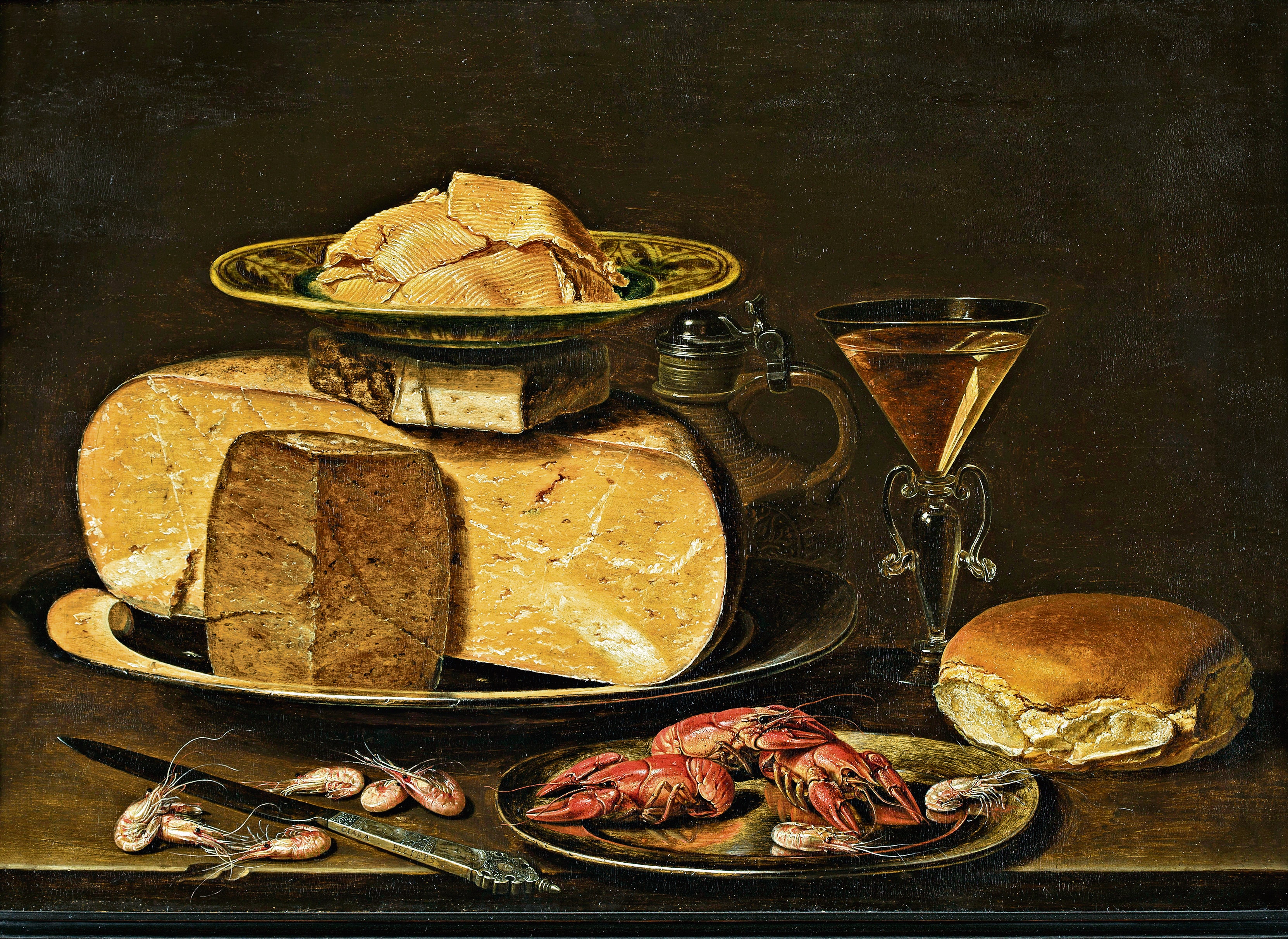 Cheesestack with Knife, Shrimps, Crawfish, Glass of Wine and Bread by Clara Peeters; 1615. (MSK Ghent) Cheesestack with Knife, Shrimps, Crawfish, Glass of Wine and Bread by Clara Peeters; 1615. (MSK Ghent)