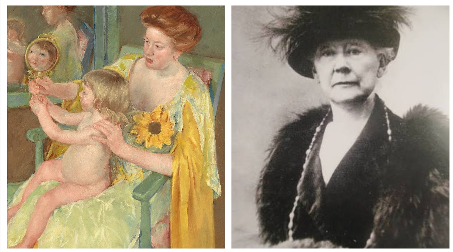 Mary Cassatt (1844 - 1926) was the only American and one of the only three women allowed into the French Impressionists boys’ club led by Monet, Renoir and Manet. Woman with a Sunflower (c. 1905) is one of her many explorations of the Madonna and Child theme. Cassatt (seen above right) painted elegant young women receiving guests at home and enjoying themselves at the theatre; navigating bustling Parisian cafés and claiming public spaces. She advocated for younger artists, connecting collectors with them in her later years. (National Gallery of Art, Washington DC; Wikimedia) Mary Cassatt (1844 - 1926) was the only American and one of the only three women allowed into the French Impressionists boys’ club led by Monet, Renoir and Manet. Woman with a Sunflower (c. 1905) is one of her many explorations of the Madonna and Child theme. Cassatt (seen above right) painted elegant young women receiving guests at home and enjoying themselves at the theatre; navigating bustling Parisian cafés and claiming public spaces. She advocated for younger artists, connecting collectors with them in her later years. (National Gallery of Art, Washington DC; Wikimedia)