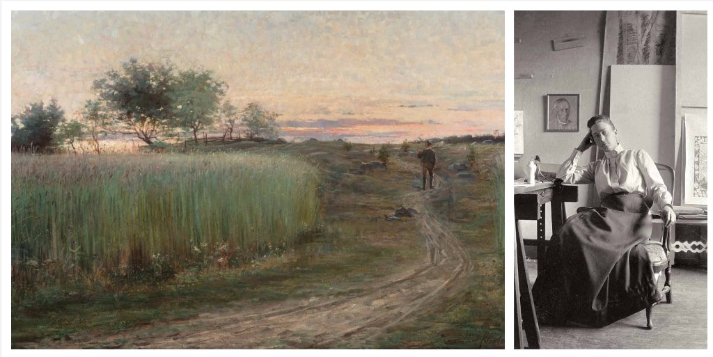 By day, meanwhile, Klint painted serene landscapes. Contrast her Summer Landscape (1888) with the works above. Born in Stockholm to a naval commander from a noble family, Klint (above right) was one of the first women admitted to the city’s Royal Academy of Fine Arts, and graduated with honours in 1887. She had a successful career as an artist, and served briefly as secretary of the Association of Swedish Women Artists. Her abstracts reflected her engagement with new ideas of spiritualism and mysticism then sweeping Europe. (Wikimedia; Hilma af Klint Foundation) By day, meanwhile, Klint painted serene landscapes. Contrast her Summer Landscape (1888) with the works above. Born in Stockholm to a naval commander from a noble family, Klint (above right) was one of the first women admitted to the city’s Royal Academy of Fine Arts, and graduated with honours in 1887. She had a successful career as an artist, and served briefly as secretary of the Association of Swedish Women Artists. Her abstracts reflected her engagement with new ideas of spiritualism and mysticism then sweeping Europe. (Wikimedia; Hilma af Klint Foundation)