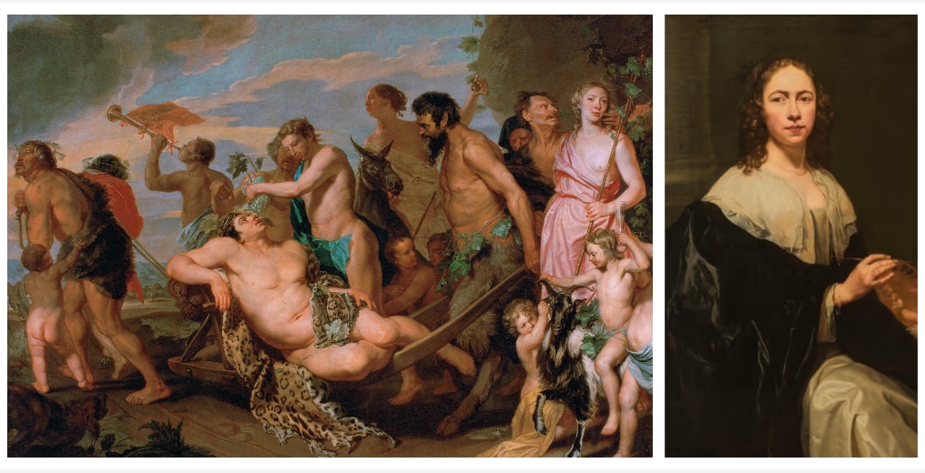 Michaelina Wautier (1614 - 1689) was forgotten for nearly three centuries. It was another woman who excavated her work. Art historian Katlijne van der Stighelen was looking through the warehouse of the Kunsthistorisches Museum in Vienna in 1993 when she came upon a sweeping scene of pagan debauchery, with a drunken god Bacchus at its centre. Triumph of Bacchus is above left. Note how the artist cast herself as a priestess, the only character who meets the viewer's gaze. Above right, a self-portrait from 1650 seems to convey all she wanted to say: Wautier sits unsmiling beside an easel, surrounded by the tools of her trade. Born in present-day Belgium, little is known about her life. (Wikimedia and Royal Academy, London) Michaelina Wautier (1614 - 1689) was forgotten for nearly three centuries. It was another woman who excavated her work. Art historian Katlijne van der Stighelen was looking through the warehouse of the Kunsthistorisches Museum in Vienna in 1993 when she came upon a sweeping scene of pagan debauchery, with a drunken god Bacchus at its centre. Triumph of Bacchus is above left. Note how the artist cast herself as a priestess, the only character who meets the viewer's gaze. Above right, a self-portrait from 1650 seems to convey all she wanted to say: Wautier sits unsmiling beside an easel, surrounded by the tools of her trade. Born in present-day Belgium, little is known about her life. (Wikimedia and Royal Academy, London)