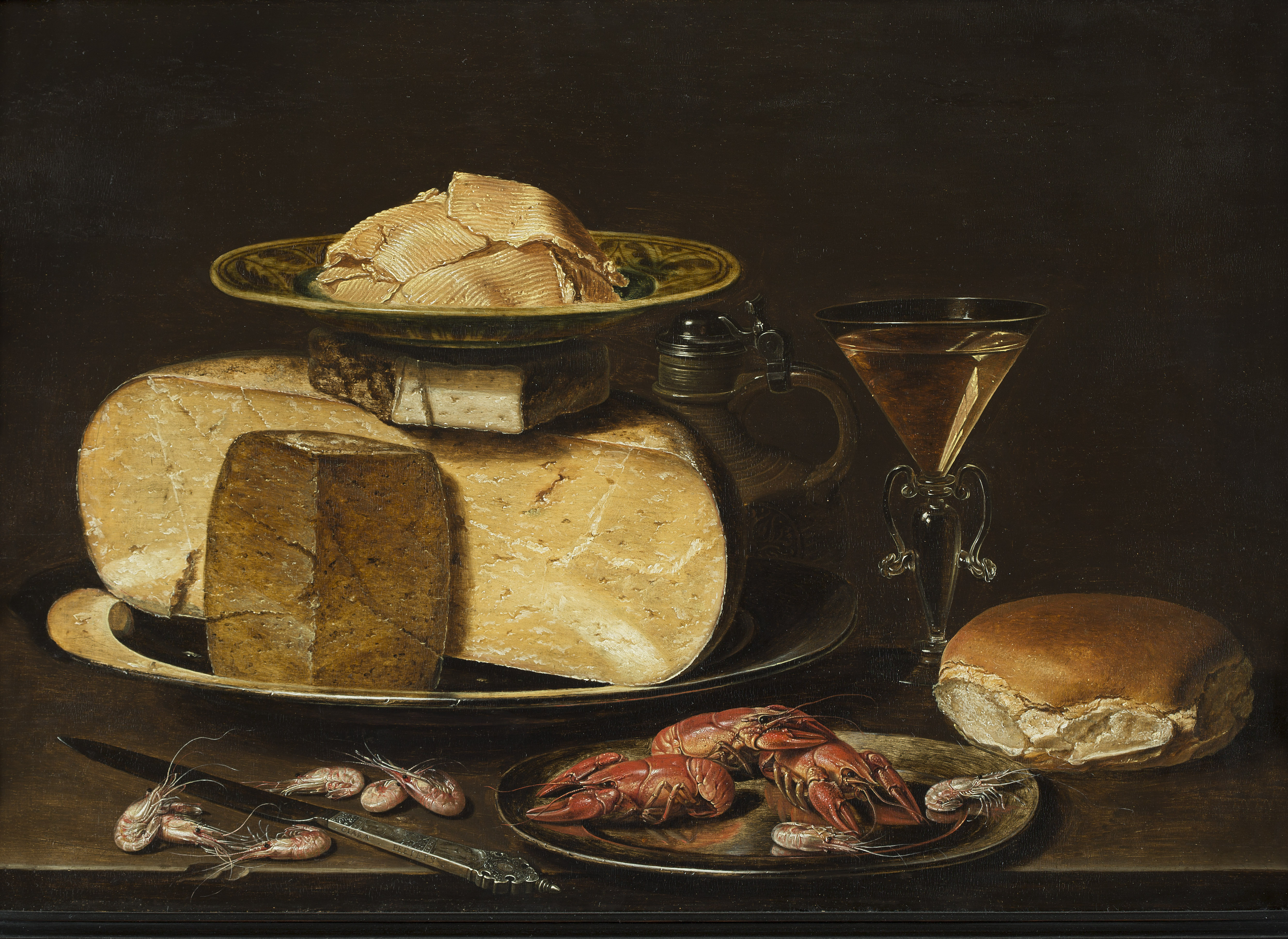 Clara Peeters (c. 1594 - 1676) created floral still-lifes that display an incredible command of optical effects. She combined botanical accuracy with hyper-realistic details such as dewdrops and insect-bitten leaves. In Cheesestack with Knife, Shrimps, Crawfish, Glass of Wine and Bread (1615), note how she captures a window in her studio, reflected sharply in the curve of a decorative wine glass. (MSK Ghent) Clara Peeters (c. 1594 - 1676) created floral still-lifes that display an incredible command of optical effects. She combined botanical accuracy with hyper-realistic details such as dewdrops and insect-bitten leaves. In Cheesestack with Knife, Shrimps, Crawfish, Glass of Wine and Bread (1615), note how she captures a window in her studio, reflected sharply in the curve of a decorative wine glass. (MSK Ghent)