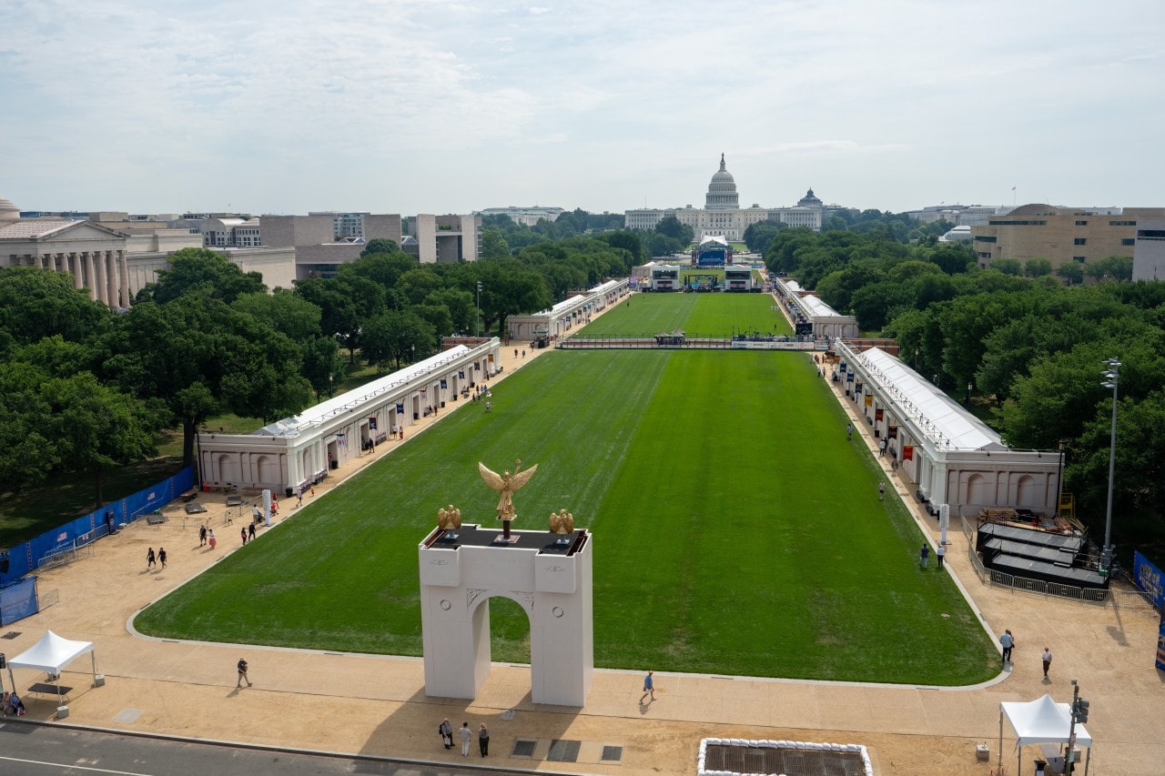 A scale replica of Trump’s proposed arch on display earlier this year in Washington, D.C.