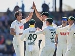 Mitchell Starc celebrating a wicket against Bangladesh.
