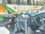 The mangled car after it rammed into a stationary Uttar Pradesh Roadways bus on the Noida-Greater Noida Expressway