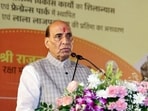 Defence minister Rajnath Singh addressing a public gathering at the inauguration of Fragrance Park in Old Lucknow on Saturday. (ANI PHOTO)