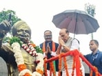 Defence minister Rajnath Singh unveils life-size statues of Lala Lajpat Rai at Fragrance Park in Lucknow