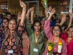 Relatives welcome 37 pilgrims from Raigad and Mumbai who were stranded in Nepal as they arrive safely at Mumbai airport today after returning from Kathmandu