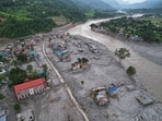 A drone view of the aftermath of flash flooding along the Trishuli River in the Devighat area of Nuwakot district, Nepal, Saturday, Aug. 29, 2026. (AP Photo/Rajesh Kumar Singh)