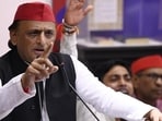 Samajwadi Party chief Akhilesh Yadav addressing a press conference at party office in Lucknow on August 30. (HT photo)