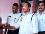 The woman tied a Rakhi to constable Naveen Chaudhary’s wrist and thanked him for helping her. (Sourced)