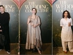 Tamannaah Bhatia, Manish Malhotra, and Masaba Gupta stun in diverse styles at a Hyderabad event.(Instagram/@theweddingcollectiveofficial)