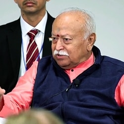RSS chief Mohan Bhagwat addresses the 'One World One Humanity' event in New York.