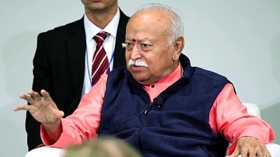 RSS chief Mohan Bhagwat addresses the 'One World One Humanity' event in New York. (ANI)