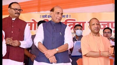 Defence minister Rajnath Singh, UP chief minister Yogi Adityanath and deputy CM Brajesh Pathak at an event in Lucknow on August 30. (HT photo) Defence minister Rajnath Singh, UP chief minister Yogi Adityanath and deputy CM Brajesh Pathak at an event in Lucknow on August 30. (HT photo)