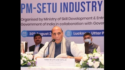 Defence minister Rajnath Singh addressing the PM-SETU Industry Conclave in Lucknow on August 30. (HT photo) Defence minister Rajnath Singh addressing the PM-SETU Industry Conclave in Lucknow on August 30. (HT photo)