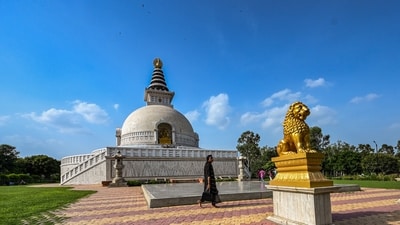 Gram it: This picture-perfect view of Delhi’s Shanti Stupa under a clear blue sky. With the IMD forecasting partly cloudy skies and no spell of rain, Delhiites can add a little sightseeing to their day to enjoy the Capital's quieter corners. (Photo: RAJ K RAJ /HT)