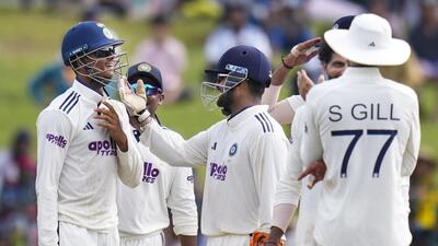 Indian players celebrate during the second Test against Sri Lanka in Colombo. (PTI) Indian players celebrate during the second Test against Sri Lanka in Colombo. (PTI)
