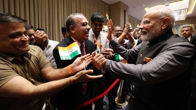 Prime Minister Narendra Modi being greeted by the Indian diaspora on Saturday during his two-day visit, in Tashkent, Uzbekistan. Prime Minister Narendra Modi being greeted by the Indian diaspora on Saturday during his two-day visit, in Tashkent, Uzbekistan.
