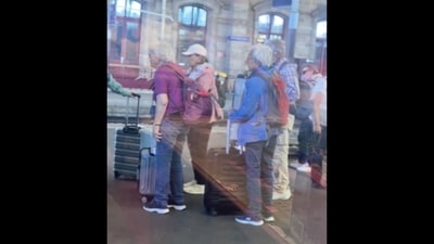 The woman shared a picture of elderly travellers in Europe walking with their luggage. (X/@Kavitastocks) The woman shared a picture of elderly travellers in Europe walking with their luggage. (X/@Kavitastocks)