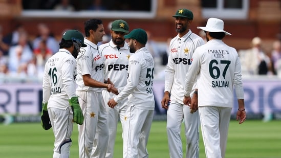 Pakistan's Mohammad Abbas celebrates after taking the wicket of England's Dan Lawrence with teammates (Action Images via Reuters)