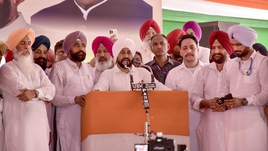 Punjab former chief minister and congress leader Charanjit Singh Channi along with others during a rally to observe Rakhar Punia at Baba Bakala Sahib (PTI)